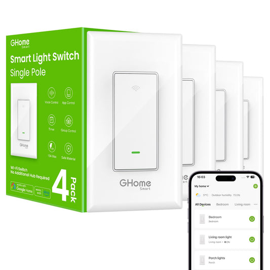 GHome Smart Switch, Smart Wi-Fi Light Switch Works with Alexa and Google Assistant 2.4Ghz, Single-Pole,Neutral Wire Required,UL Certified,Remote/Voice Control, No Hub Required (4 Pack)