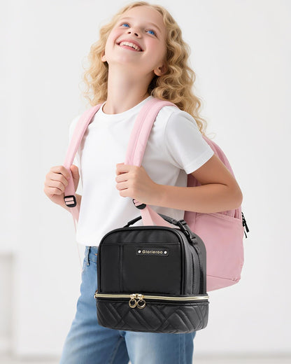GLORIEROO Lunch Box Bag Women Girls - Double Deck Vegan Leather Insulated Waterproof Leakproof Cooler for Work Travel Picnics - Back to School Teacher Mothers Day Christmas Birthday Gifts