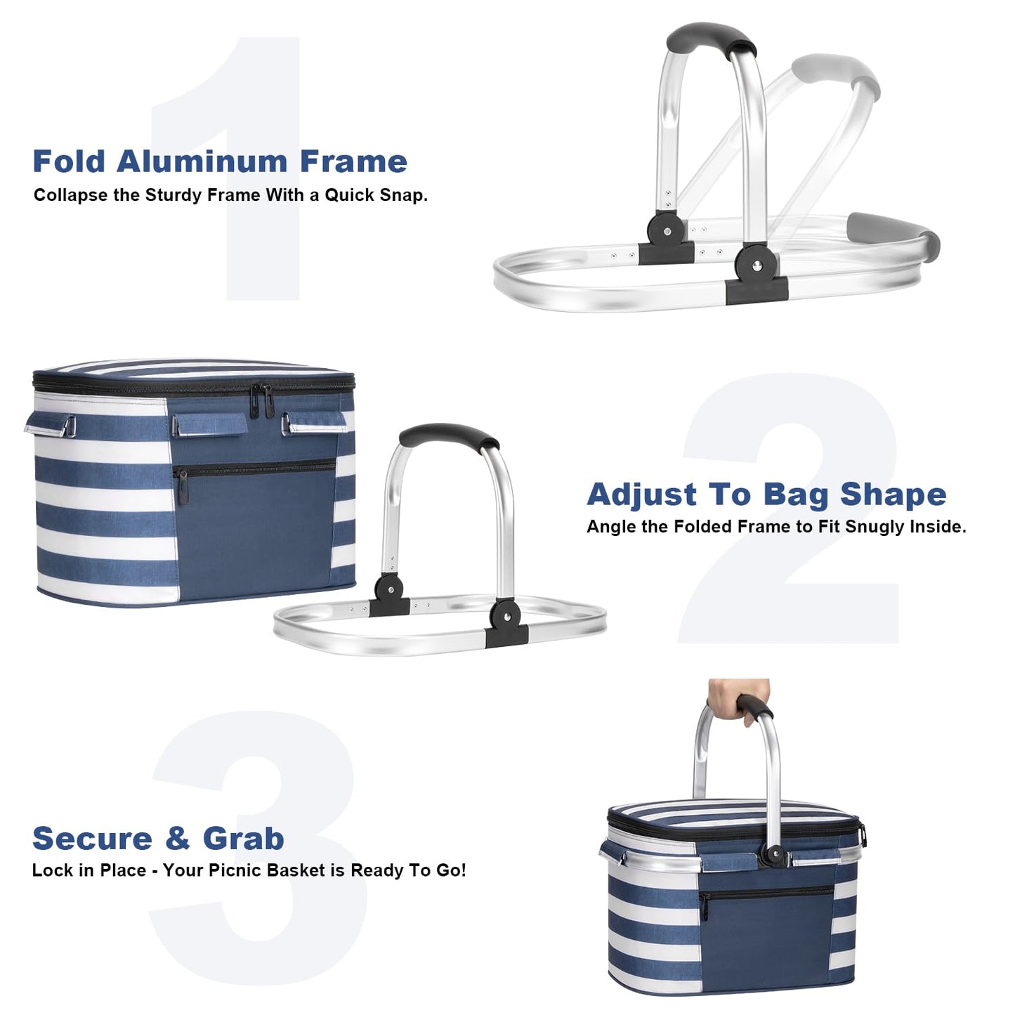 ALLCAMP Insulated Picnic Baskets Shoping Basket Cooler Bag Collapsible Portable Picnic Basket (Blue White Stripe)