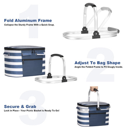 ALLCAMP Insulated Picnic Baskets Shoping Basket Cooler Bag Collapsible Portable Picnic Basket (Blue White Stripe)