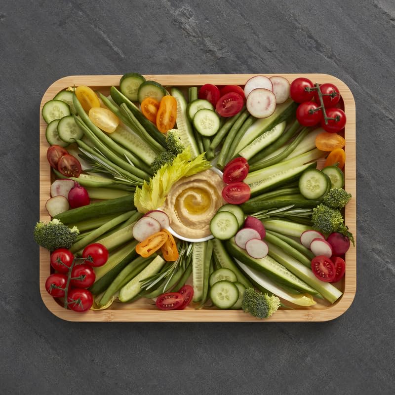 FARBERWARE Build-A-Board Bamboo Cutting Board with Built-in Compartments, Clear Locking Lid & Navy Handles, Ideal for Charcuterie, Snacks & Prep