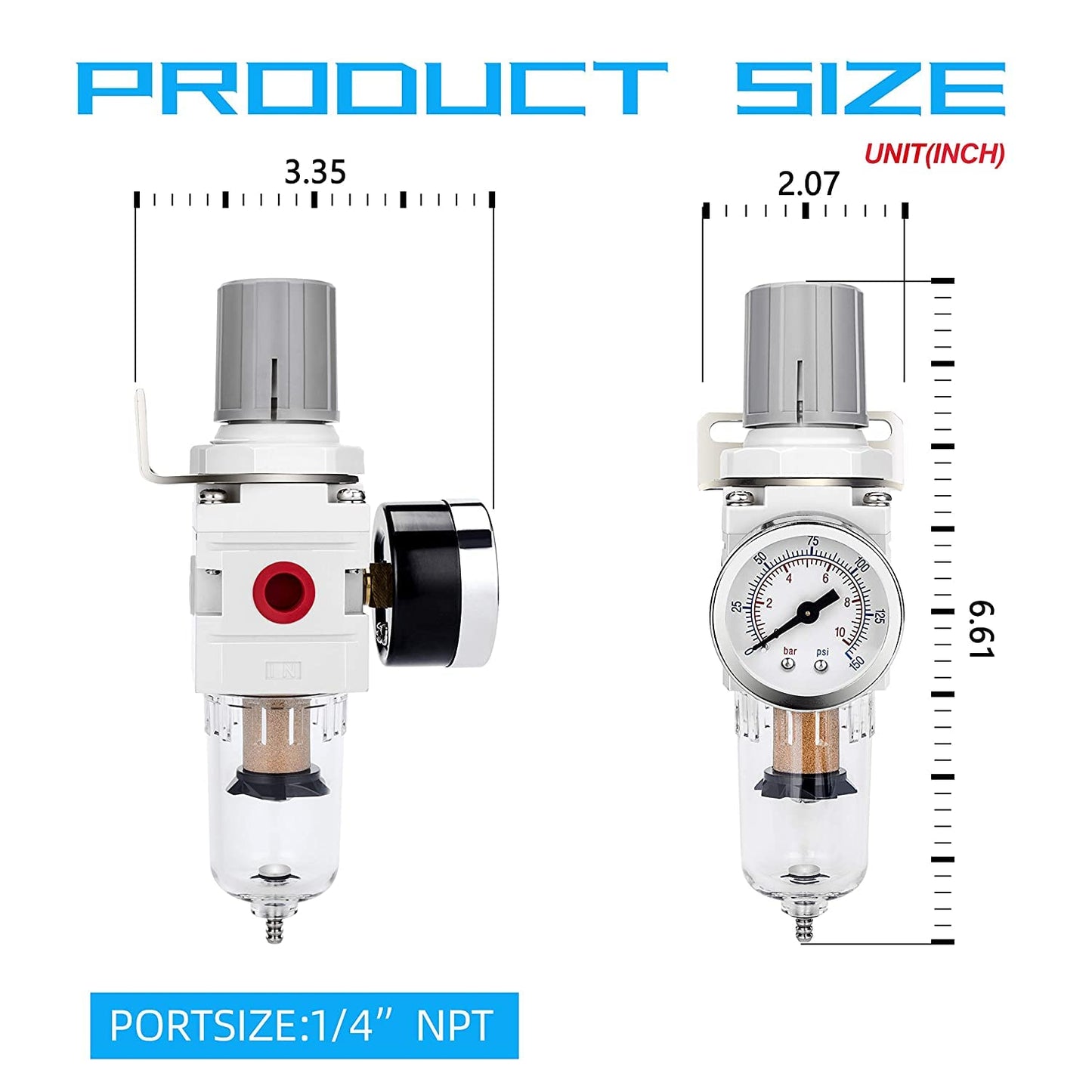 NANPU 1/4" NPT Compressed Air Filter Regulator Combo Piggyback, 5 Micron Brass Element, Poly Bowl, Semi-Auto Drain, Metal Bracket, 0-150 psi Gauge, Ball Valve