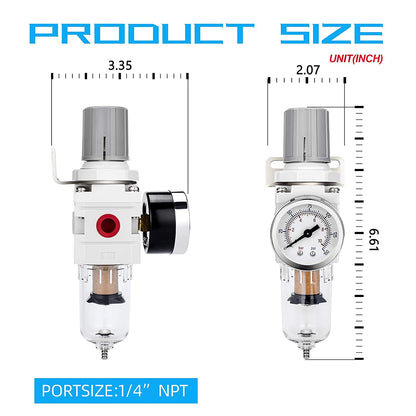 NANPU 1/4" NPT Compressed Air Filter Regulator Combo Piggyback, 5 Micron Brass Element, Poly Bowl, Semi-Auto Drain, Metal Bracket, 0-150 psi Gauge, Ball Valve