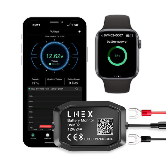 LNEX Bluetooth Battery Monitor，Wireless 12V 24V Automotive Battery Load Tester with Charging & Cranking Test & Alarm for Solar Power Systems/RVs/Motorcycles/Boats/Cars/Trucks