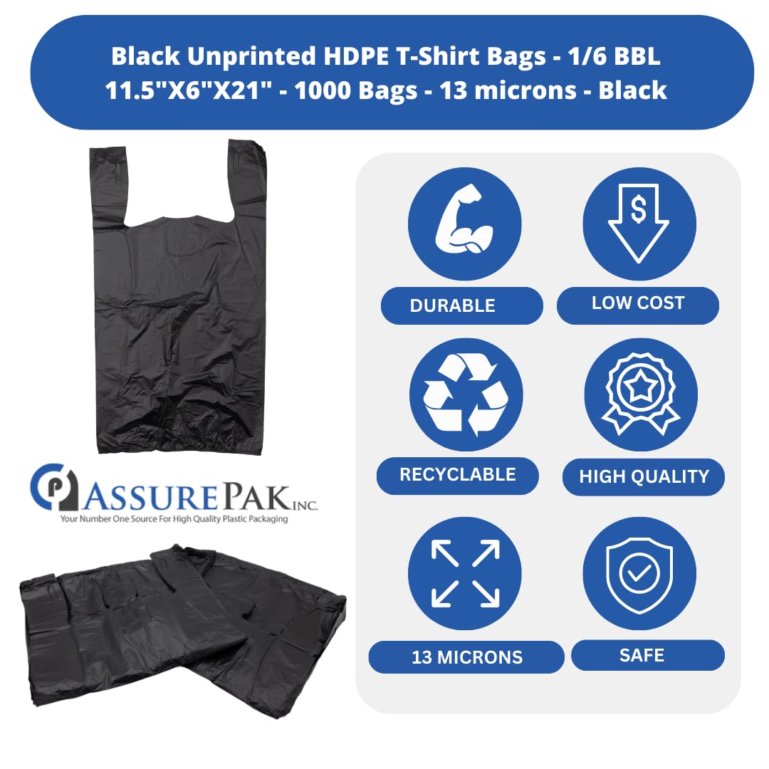 Plastic Bag-Black Plain Embossed T-Shirt Bag 11.5"x6.5"x21.5" 13 mic - 1000 bags/case