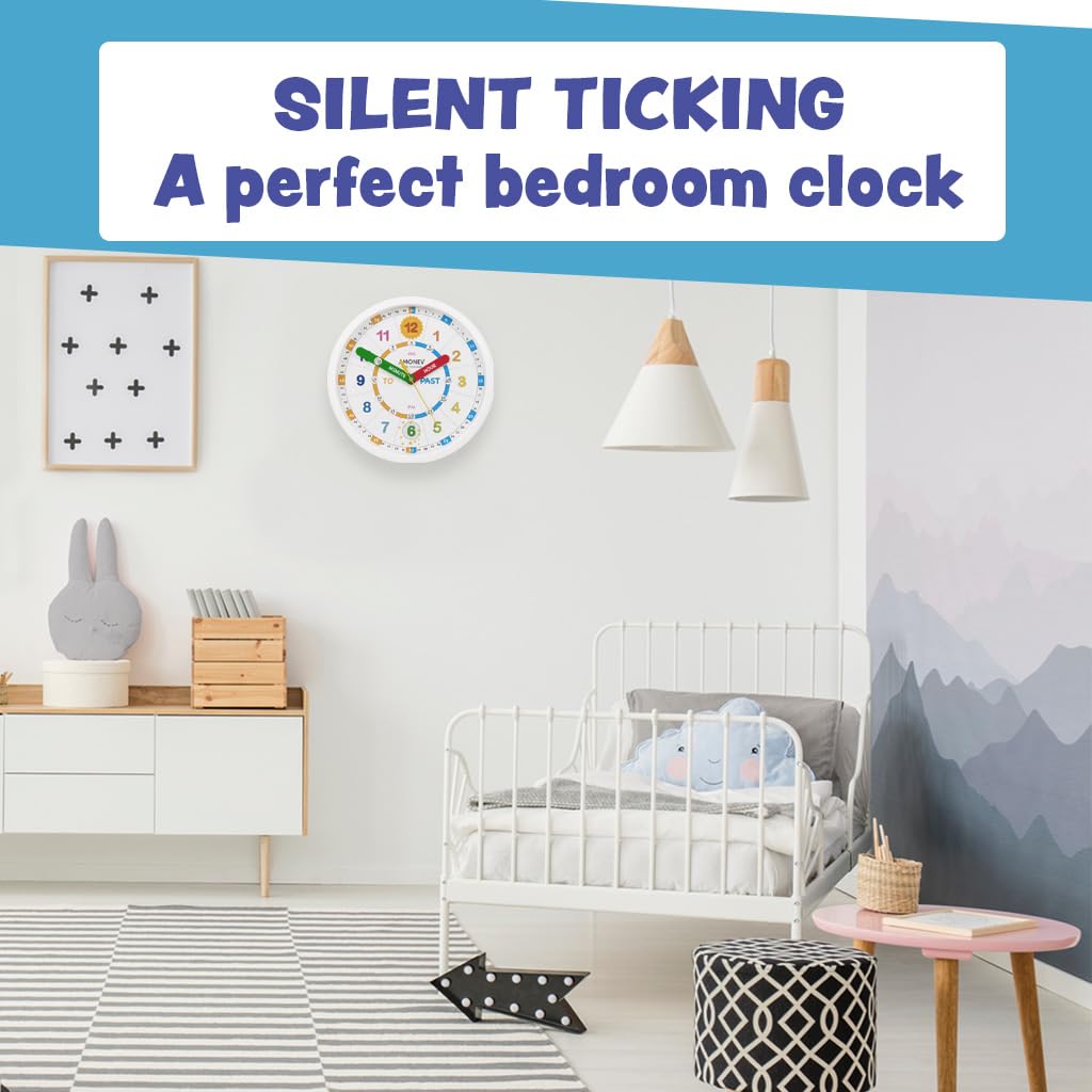 Amonev Time Teacher Scope Wall Clock for Children, Easy to Read Dial with Silent Ticking. Teach Children How to Read and Tell The Time with This Analogue Clock.