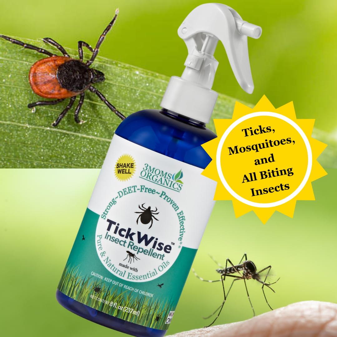 3 Moms Organics TickWise 8oz, Made with All Natural Essential Oils, DEET-Free, Tick and Insect Repellent, Plant Based Essential Oils, All Natural Ingredients Great for Adults, Kids, Dogs & Horses