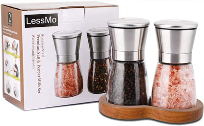 LessMo Salt and Pepper Grinder Set with Wooden Standing Tray, Refillable Pepper Mill Set - Brushed Stainless Steel - Short Glass Shakers with Adjustable Coarseness for Peppercorn, Salt or Spice Mills