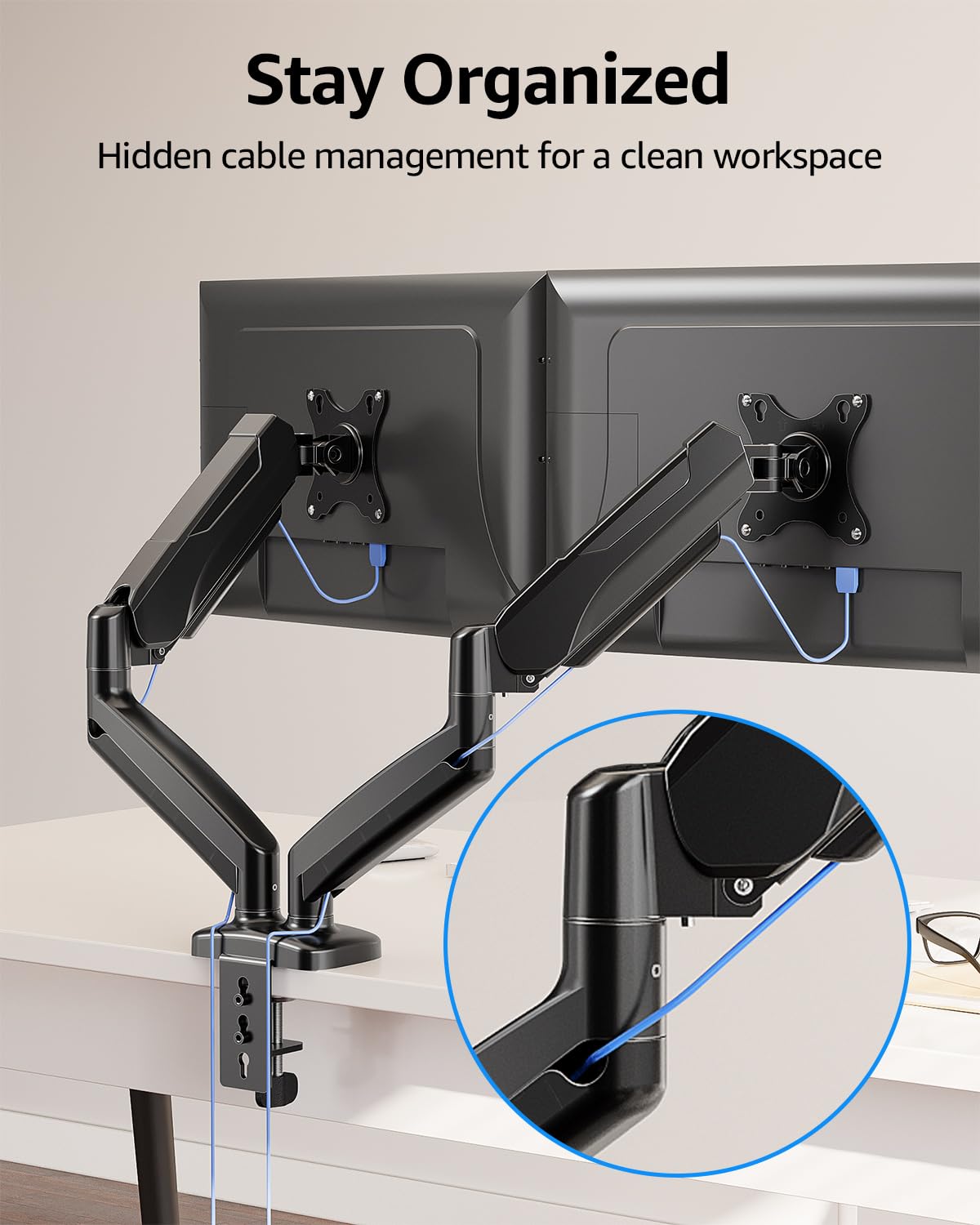 MOUNTUP Dual Monitor Stand for Desk, Pneumatic Monitor Arms for 2 Monitors Max 32 Inches, Height Adjustable Double Monitor Mount, VESA Mounts with C-Clamp & Grommet Base, Holds 4.4-17.6lbs, Black