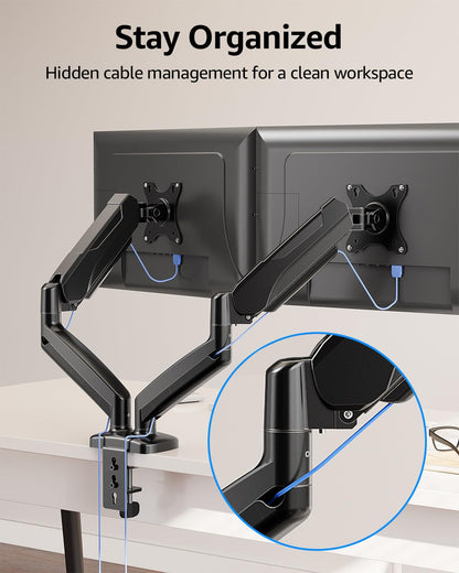 MOUNTUP Dual Monitor Stand for Desk, Pneumatic Monitor Arms for 2 Monitors Max 32 Inches, Height Adjustable Double Monitor Mount, VESA Mounts with C-Clamp & Grommet Base, Holds 4.4-17.6lbs, Black