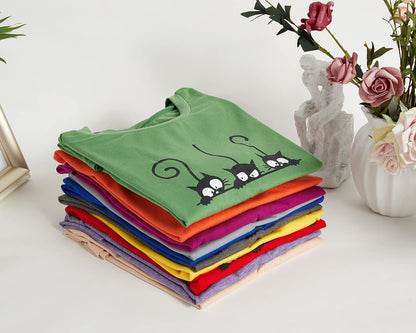 NIUBIA Women's Three Cats Printed Shirts New Novelty T-Shirts Cute Teen Girls Casual Tops