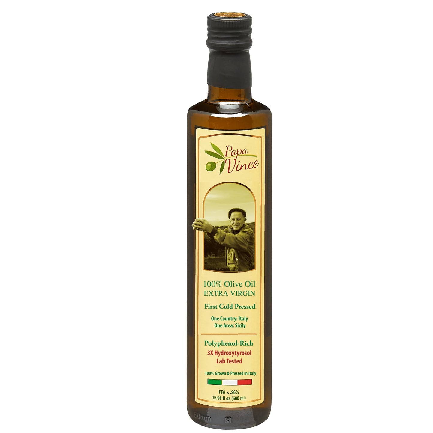 Papa Vince Olive Oil Extra Virgin - First Cold Press Family Harvest 2024/25, Polyphenol Rich, Subtle Peppery Finish, Unrefined, High in Monounsaturated Fat, No Pesticides, No GMO, Sicily, Italy