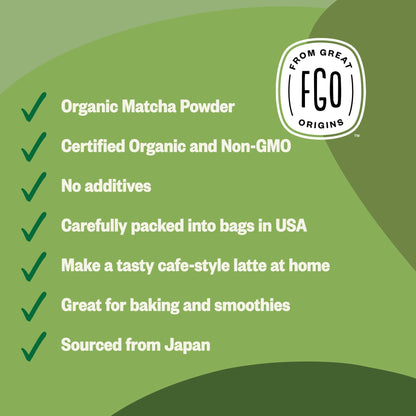 FGO Organic Matcha Green Tea Powder, Japanese Culinary Grade for Cooking, Baking, and Smoothies, 4 Ounce, Resealable Bag, Packaging May Vary (Pack of 1)