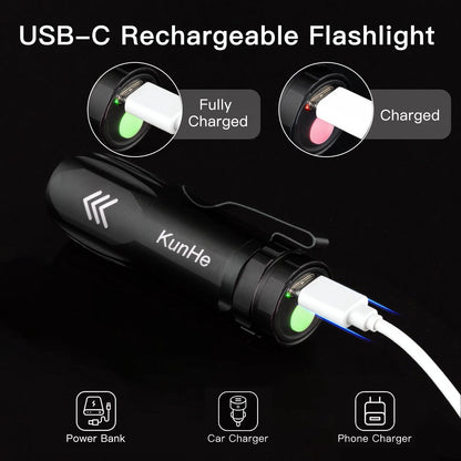 KunHe 5 Pack Small Rechargeable Flashlights Bulk USB-C Mini High Lumen Flashlight Clip-on Portable Pocket Flash Light for EDC Emergency Home Use