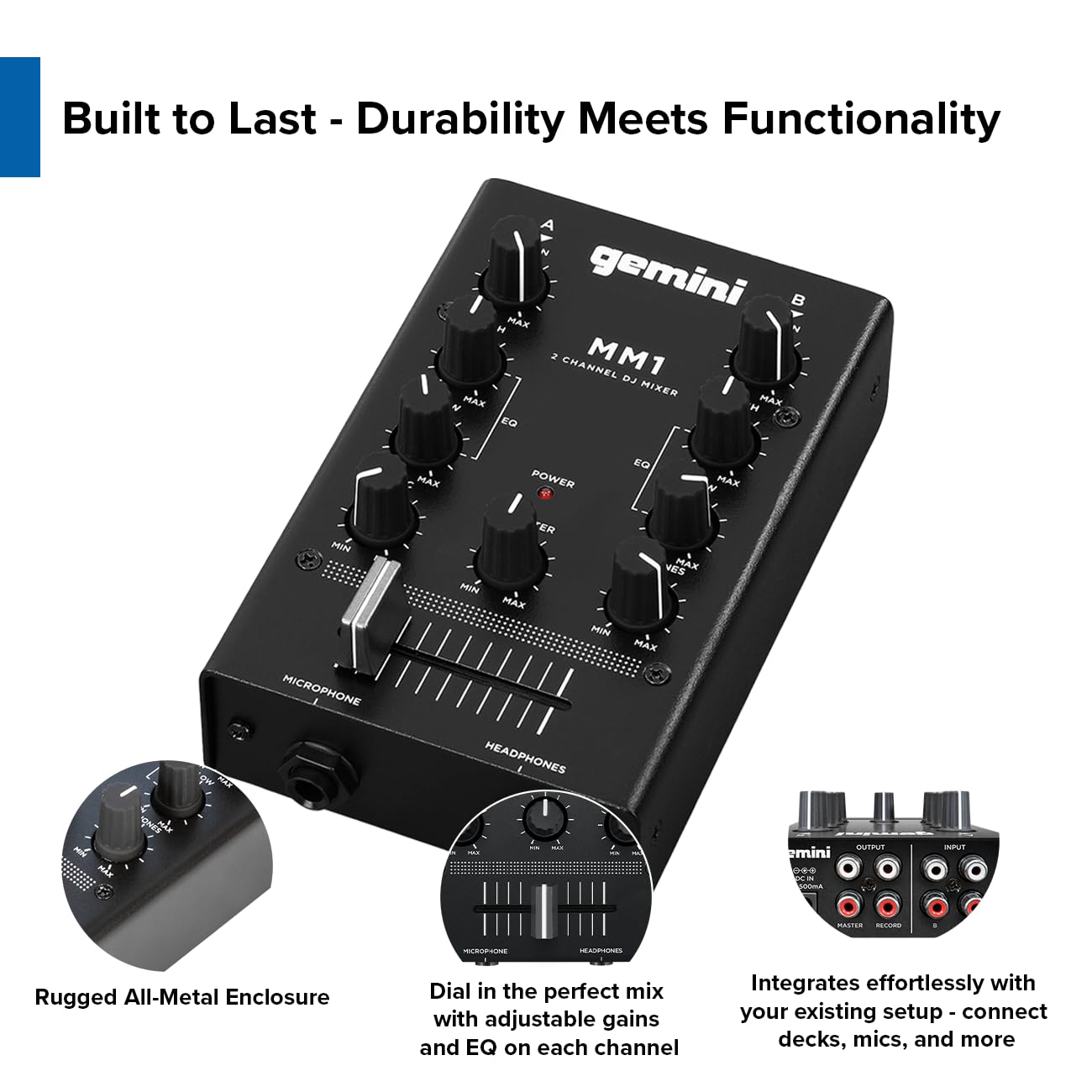 Gemini Portable 2-Channel DJ Mixer – Pocket-Sized Mini Audio Mixer with RCA, Mic & Headphone Jacks, Pro Crossfader & EQ – Compact Mixer for Beginners & Mobile DJs On-the-Go (MM1)