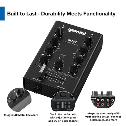 Gemini Portable 2-Channel DJ Mixer – Pocket-Sized Mini Audio Mixer with RCA, Mic & Headphone Jacks, Pro Crossfader & EQ – Compact Mixer for Beginners & Mobile DJs On-the-Go (MM1)