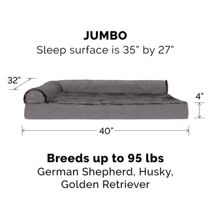 Furhaven Orthopedic Dog Bed for Large Dogs w/ Removable Bolsters & Washable Cover, For Dogs Up to 95 lbs - Plush & Velvet L Shaped Chaise - Platinum Gray, Jumbo/XL
