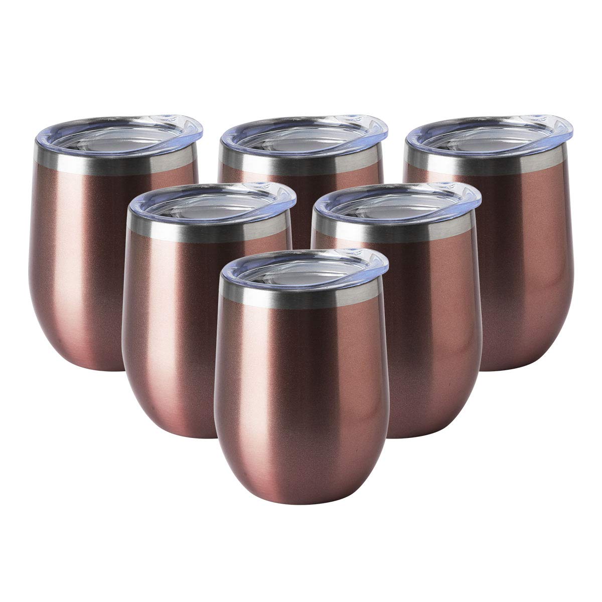 HASLE OUTFITTERS 12oz Wine Tumbler with Lid Stemless Wine Glasses Double Wall Vacuum Travel Mugs stainless steel Coffee Cup for Cold & Hot Drinks Wine Coffee Cocktails Beer 6 Pack Rose Gold