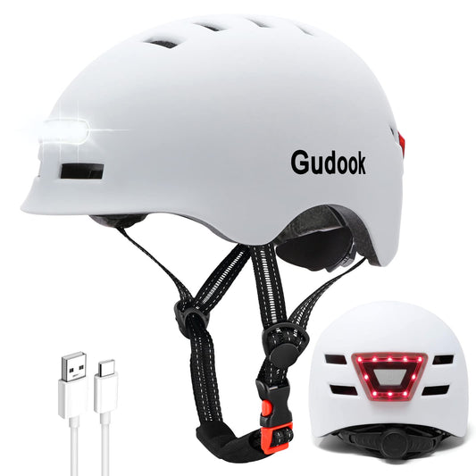 Gudook Adult Bike Helmet with Light - Bicycle Helmets Men - Women - Front and Back LED Lights Adjustable Cycling Helmet for Urban Commuter Biking Scooter
