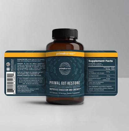 Primal Harvest Restore for Gut Health, Primal Gut Restore w/POSTbiotics, PREbiotics and PRObiotics for Women and Men, 60 CT - Digestion, Colon Cleanse, Immunity Support - Helps Leaky Gut Repair