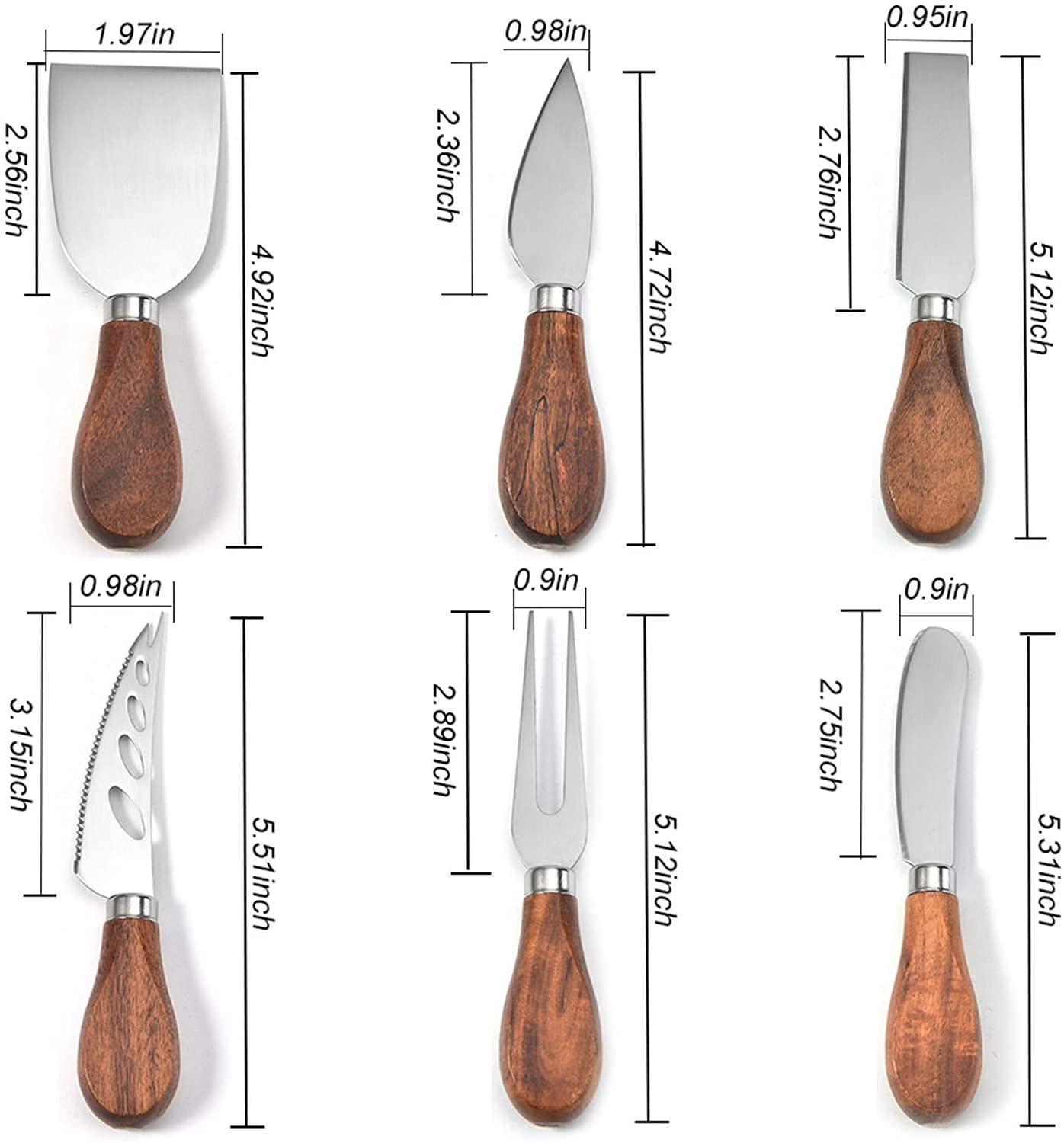JLIAN MIOR Exquisite 6-Piece Cheese Knives Set, Stainless Steel Cheese Knife Set Collection (Acacia Wood Handle)