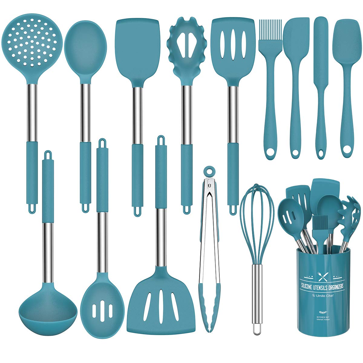 15 Pcs Silicone Cooking Utensils Kitchen Utensil Set - Umite Chef 446°F Heat Resistant Stainless Steel Handles Kitchen Gadgets Tools Set for Nonstick Cookware(Blue)