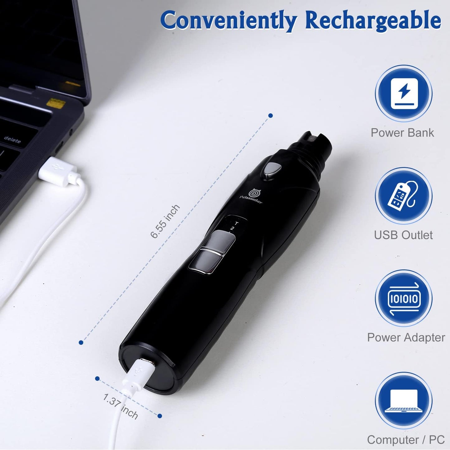 Petsaunter Dog Nail Grinder, 3 Grinding Heads, 2-Speed, LED Light, Touch-Switch, Quiet, Low-Vibration, Dog Nail Trimmers for Large, Medium, Small Dogs & Cats with Hard/Thick Nails (U-Dark Blue)