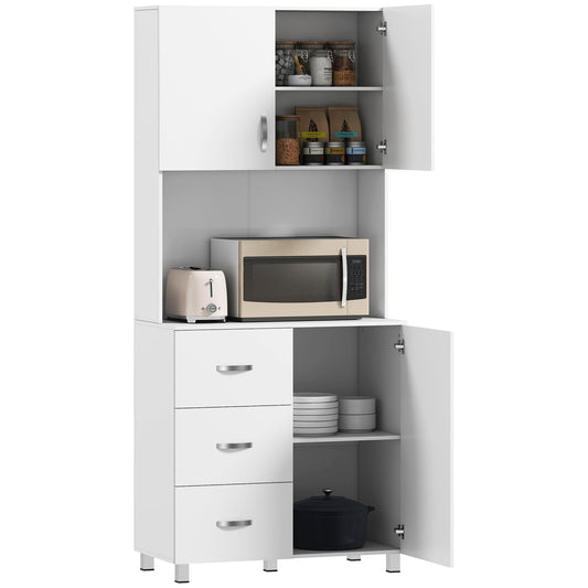 HOMCOM Freestanding Kitchen Pantry, Buffet with Hutch Storage Organizer with 2 Door Cabinets, 3 Drawers and Open Countertop, Adjustable Shelf, White