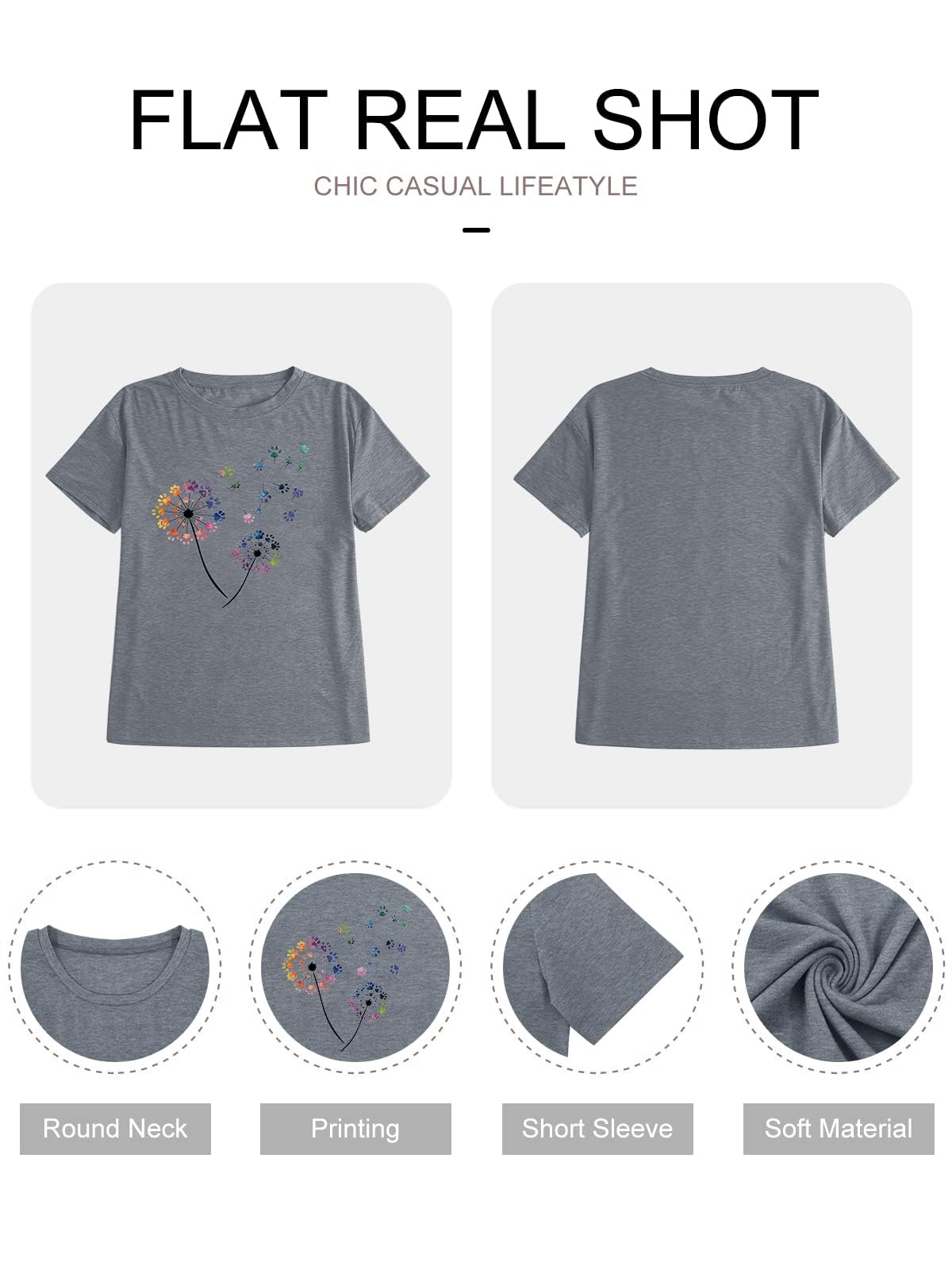 Anbech Womens Dandelion Graphic Cotton Tshirts Loose Fit Cute Paw Print Casual Tee Tops (Grey, L)
