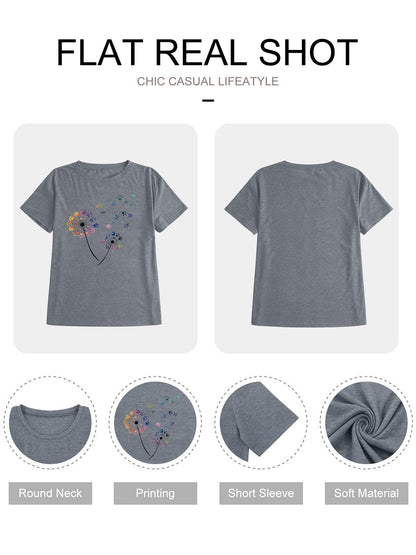 Anbech Womens Dandelion Graphic Cotton Tshirts Loose Fit Cute Paw Print Casual Tee Tops (Grey, L)