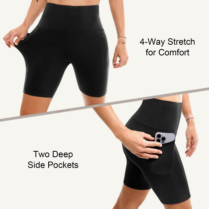 Leafigure 2 Pack Womens Biker Shorts with Pockets, High Waisted Tummy Control Yoga Shorts for Women Running Gym and Workout Black L-XL