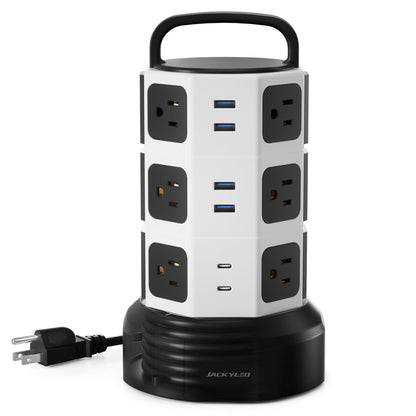 Power Strip Tower Surge Protector, JACKYLED 12 Outlets 6 USB (2 USB C) Charging Station, Extension Cord with Multiple Outlets, 1050J 1625W/13A Outlet Extender 6.5ft Extension Cord for Home Office