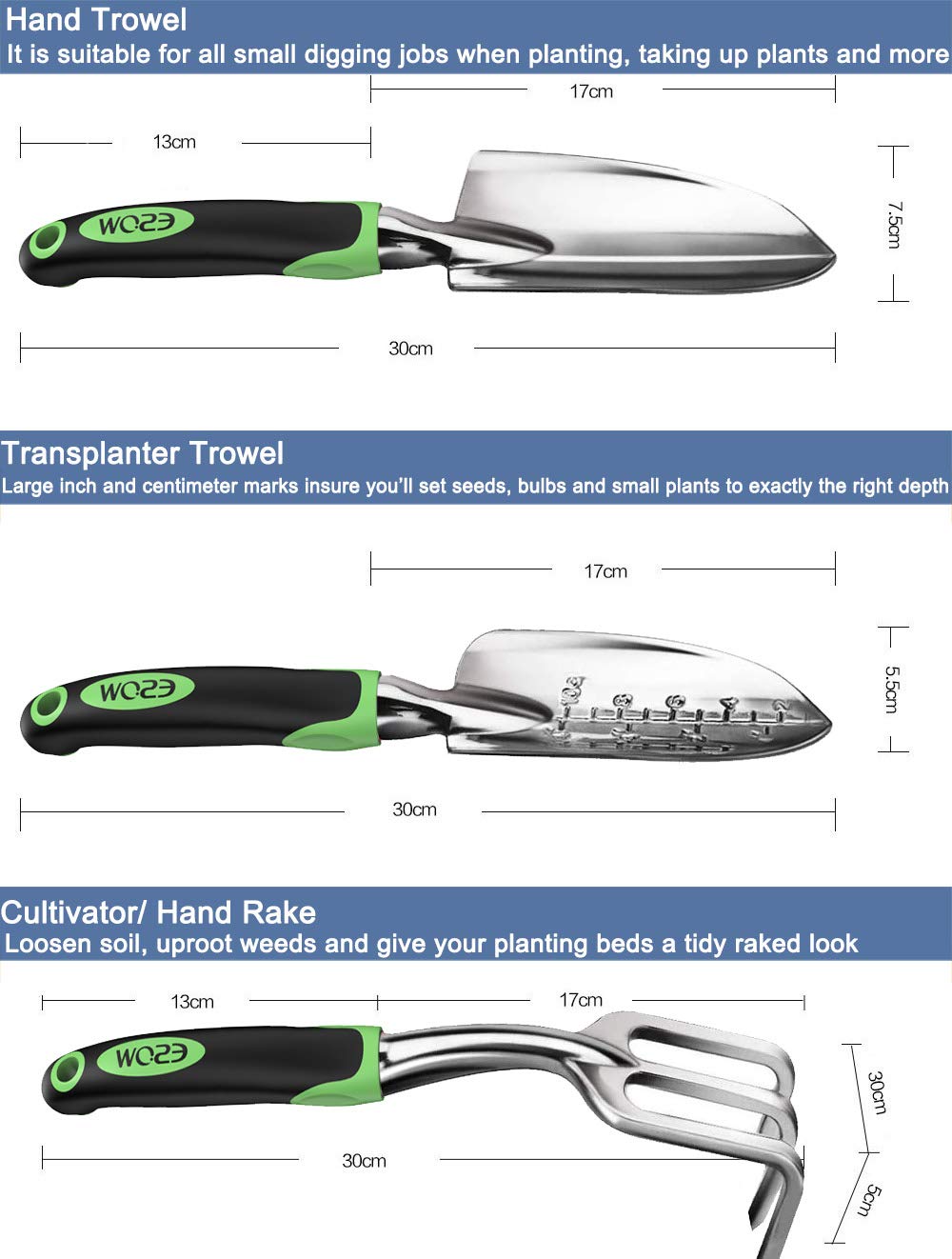 ESOW Garden Tool Set, 3 Piece Cast-Aluminum Heavy Duty Gardening Kit Includes Hand Trowel, Transplant Trowel and Cultivator Hand Rake with Soft Rubberized Non-Slip Ergonomic Handle, Garden Gifts