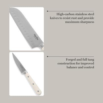 MARTHA STEWART Eastwalk 14 Piece High Carbon Stainless Steel Cutlery Kitchen Knife Block Set w/ABS Triple Riveted Forged Handle Acacia Wood Block - Linen White