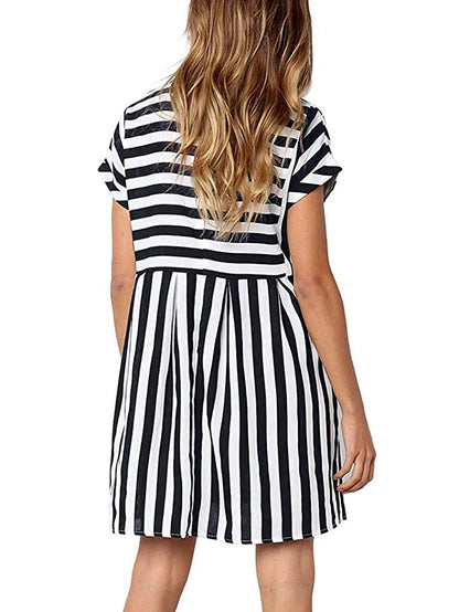 Naggoo Striped Dresses for Women,Summer Flowy Badydoll Cute Dress Short Sleeve Mini T-Shirt Dresses Black M