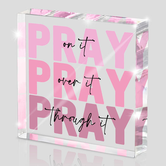 Pink Inspirational Decor Pray Over It Bible Verse Wall Art Christian Gifts for Women, 4x 4 Inches Office Desk Accessories Decor Sign, Pink Dorm Room Decoration for Women - Pray on it Pray through it