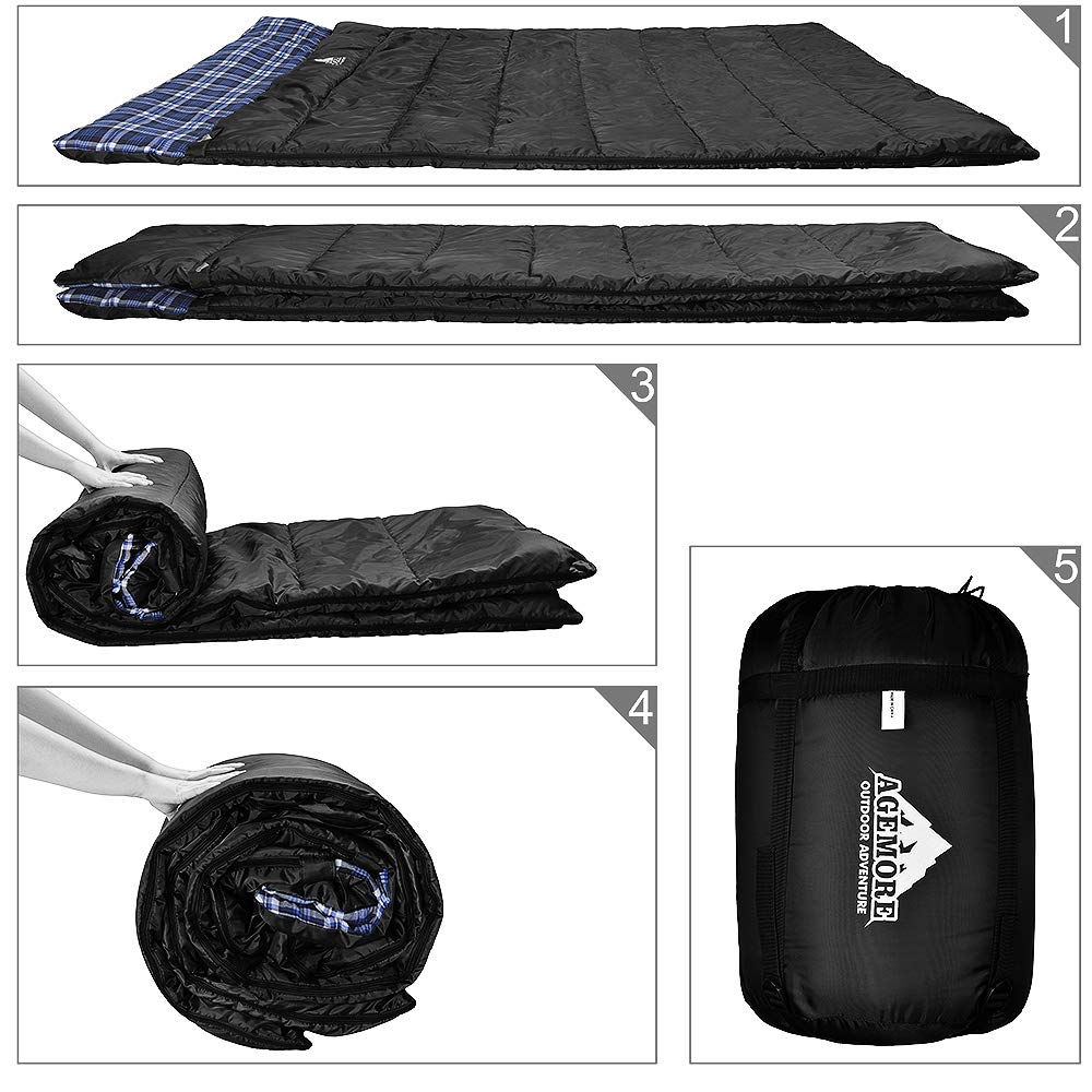 AGEMORE Cotton Flannel Double Sleeping Bag for Camping, Backpacking Or Hiking. Queen Size 2 Person Waterproof Sleeping Bag for Adults Or Teens. Lightweight with Compression Sack