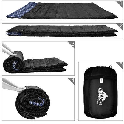 AGEMORE Cotton Flannel Double Sleeping Bag for Camping, Backpacking Or Hiking. Queen Size 2 Person Waterproof Sleeping Bag for Adults Or Teens. Lightweight with Compression Sack