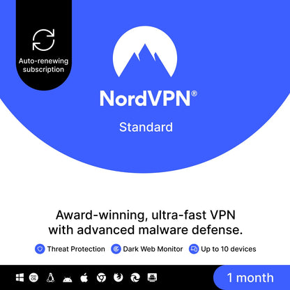 NordVPN Standard, 10 Devices, 1-Month, VPN & Cybersecurity [Amazon Subscription]