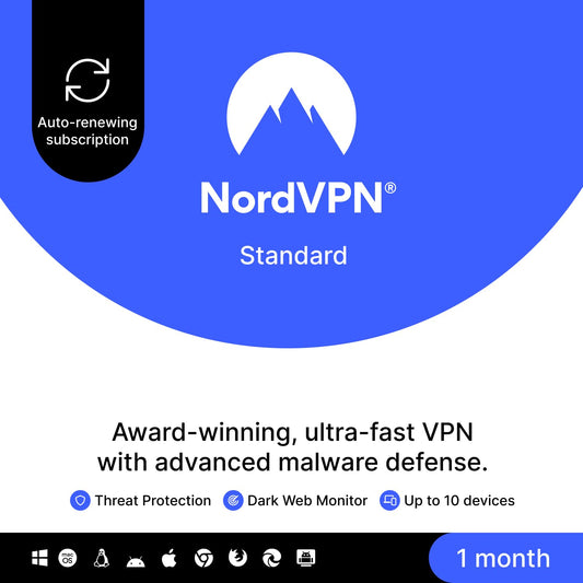 NordVPN Standard, 10 Devices, 1-Month, VPN & Cybersecurity [Amazon Subscription]