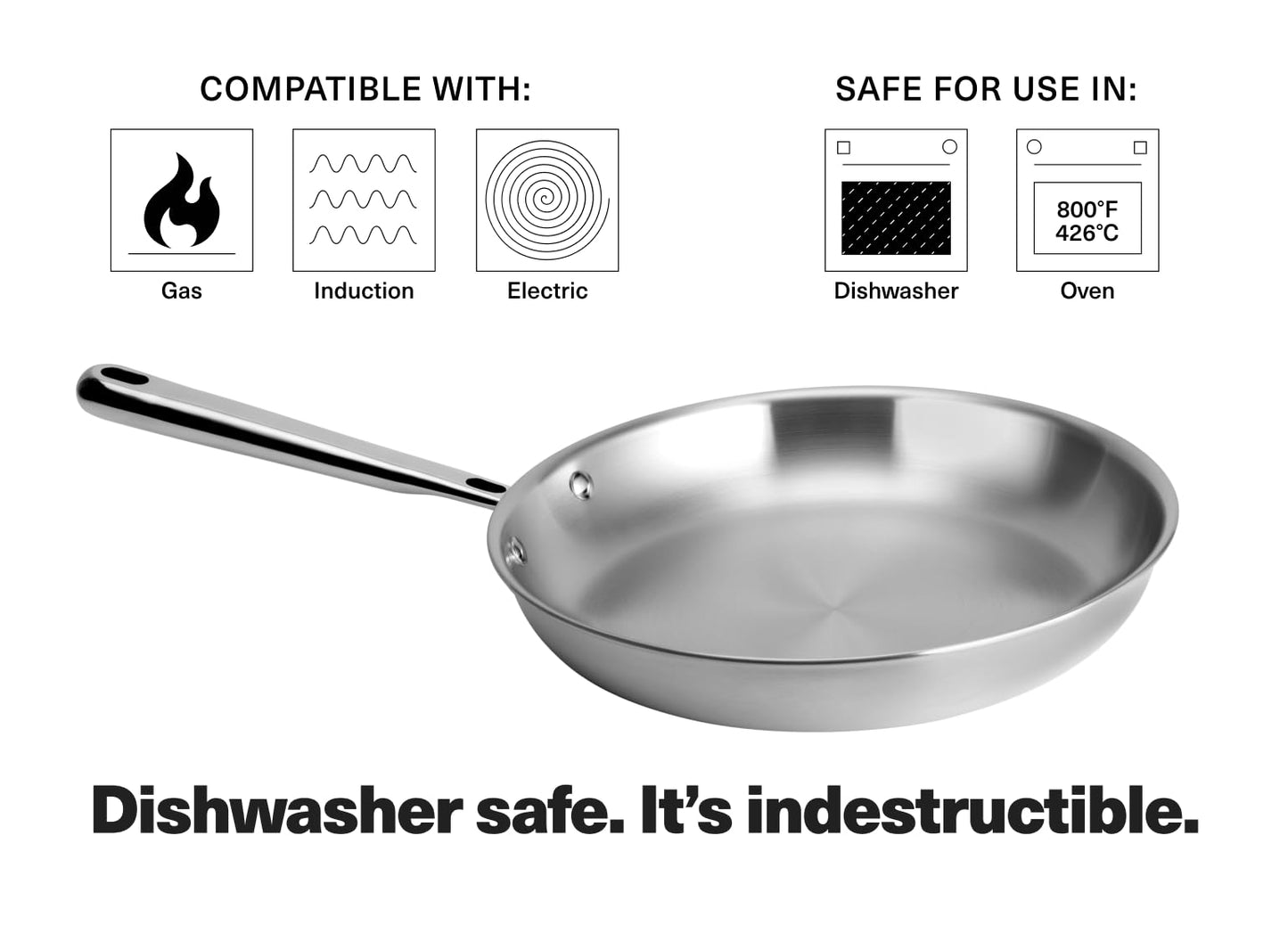 Misen 5-Ply Stainless Steel 10" Frying Pan - Professional Cookware for Induction, Gas and Electric - Dishwasher Safe, Oven Safe to 800°F - Durable, Versatile, Even Heating