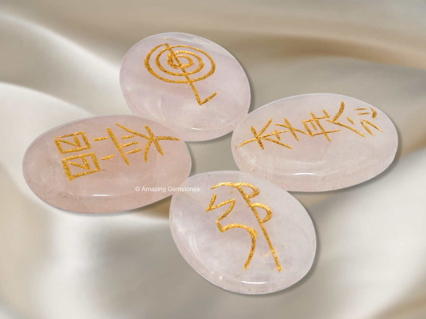 Amazing Gemstone Rose Quartz Crystal Reiki Stones with Engraved Symbols for Usui Reiki Healing, Set of 4 Pcs (Indian Handmade Reiki Gift Set)