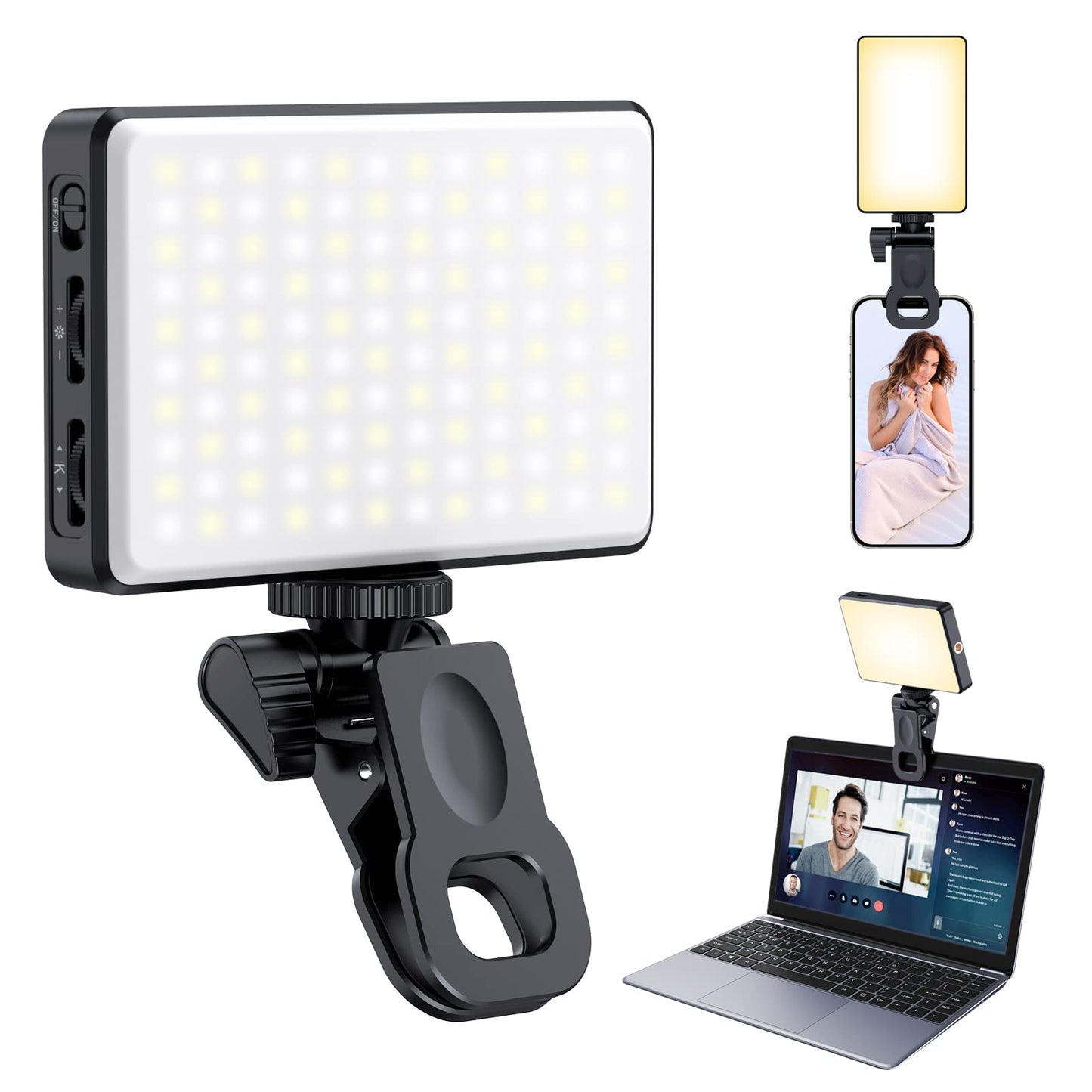 Meixitoy 120 LED Phone Light, Selfie Light for iPhone, 5000Mah Rechargeable Clip Video Light for Phone, Camera, Laptop, iPad, Adjusted 3 Lights Modes for Selfie, Video Conference, TikTok, Vlog (Black)