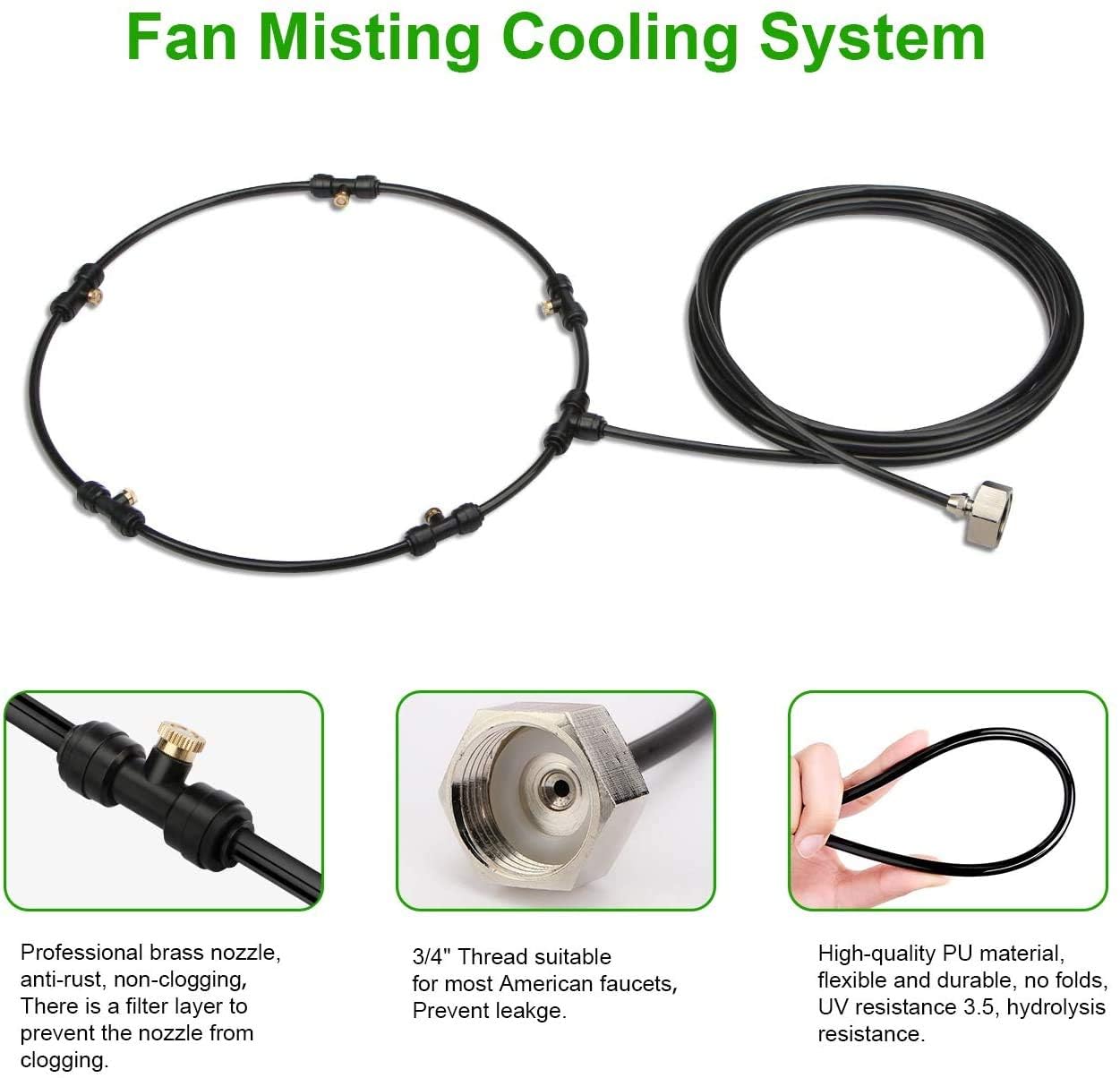 Outdoor Misting Fan Kit for a Cool Patio Breeze,Water Mister Spray for Cooling Outdoor,19.36FT (5.9M) Misting Line + 5 Brass Mist Nozzles + a Brass Adapter(3/4) Fit to Any Outdoor Fan