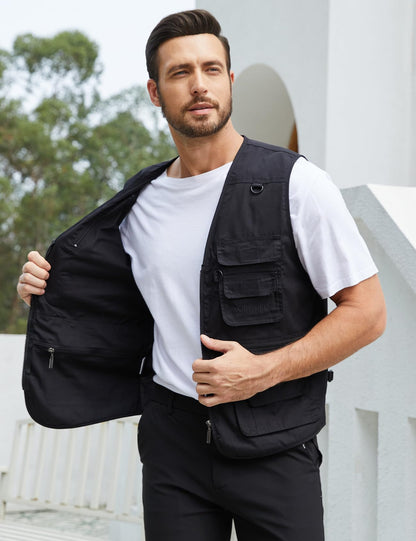 Gihuo Men's Fishing Vest Utility Safari Travel Vest with Pockets Outdoor Work Photo Cargo Fly Summer Vest (Black, X-Large)