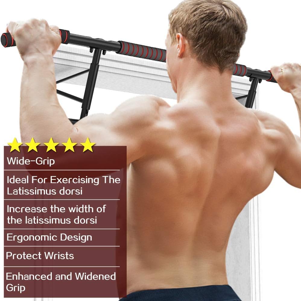AmazeFan Pull Up Bar, Doorway Mount with Ergonomic Grip - Fitness Chin-Up Frame for Home Gym Exercise, 400 lbs Capacity, Alloy Steel, Foldable - Includes 2 Wrist Straps & Workout Guide