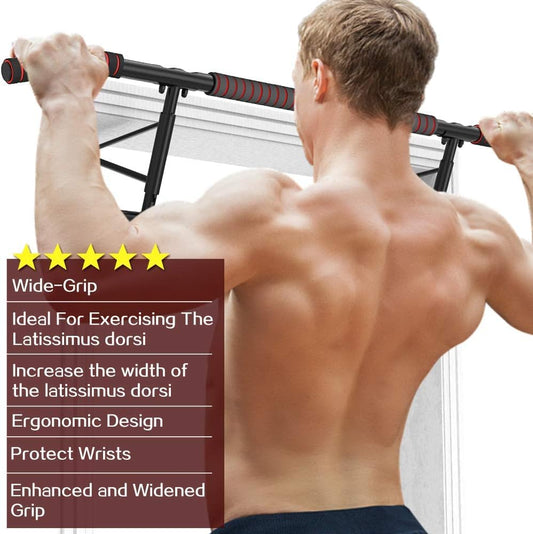 AmazeFan Pull Up Bar, Doorway Mount with Ergonomic Grip - Fitness Chin-Up Frame for Home Gym Exercise, 400 lbs Capacity, Alloy Steel, Foldable - Includes 2 Wrist Straps & Workout Guide