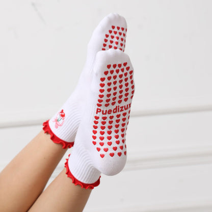 Puedizux Women Cute Pilates Socks Grip Crew Yoga Socks Ruffle Cuff Embroidery Pattern Workout Ballet Socks