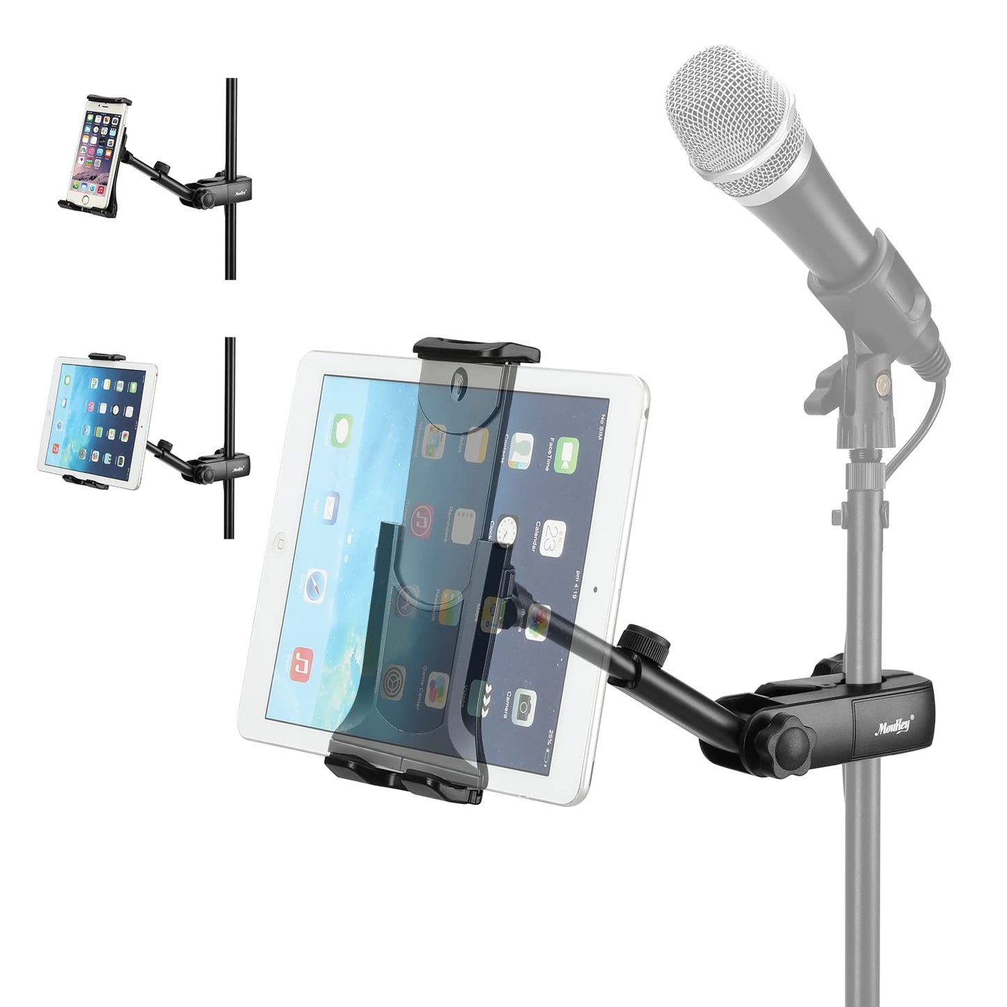 Moukey Tablet Holder for Microphone Stand, Adjustable Mic Music Stand Phone Holder Mount, Compatible with iPad, iPhone, Android, All 4.7 to 12.9 Inches Tablets & Smartphones