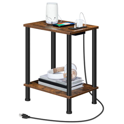 HOOBRO Side Table with Charging Station, End Table with USB Port and Outlet, Nightstand with 2-Layer Storage Shelves for Small Spaces, Living Room, Bedroom, Stable Frame, Rustic Brown BF09UBZ01